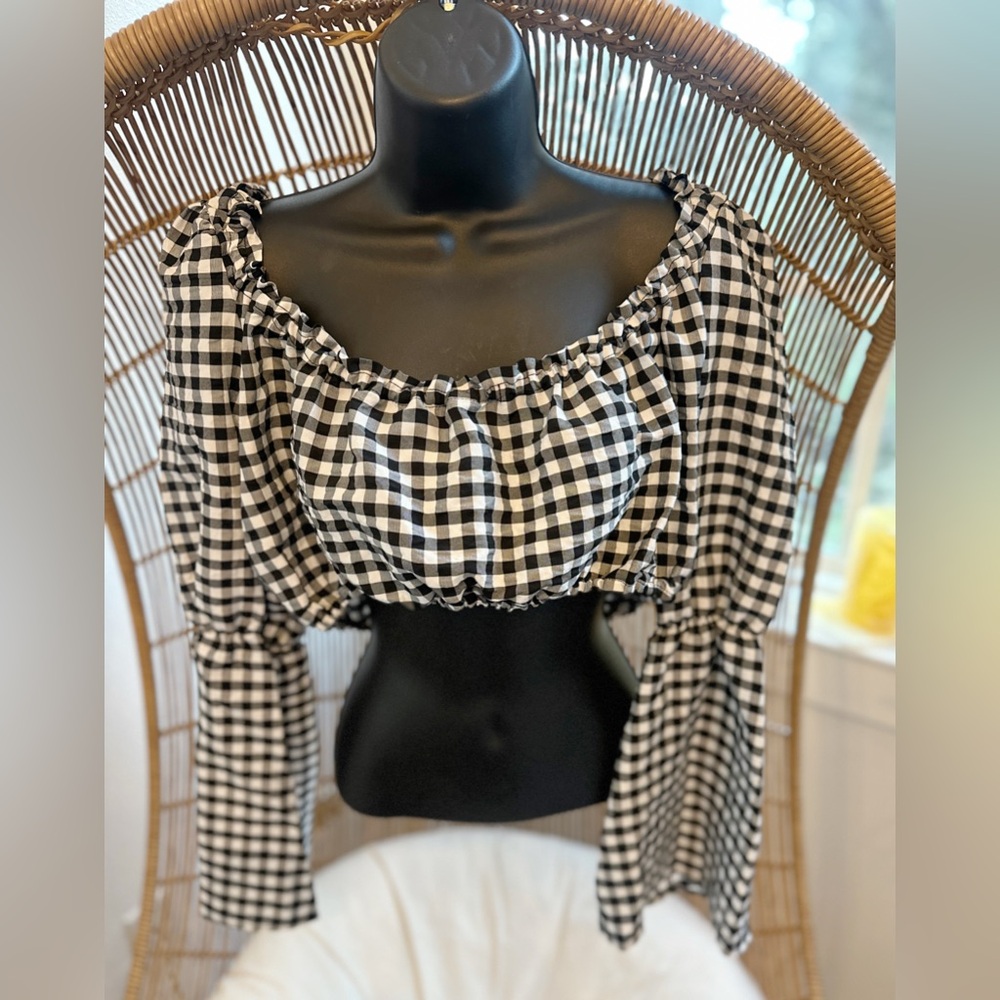 TOPSHOP Black White Gingham Plaid Puff Sleeve Crop Top Picnic NWT US 10 Petite